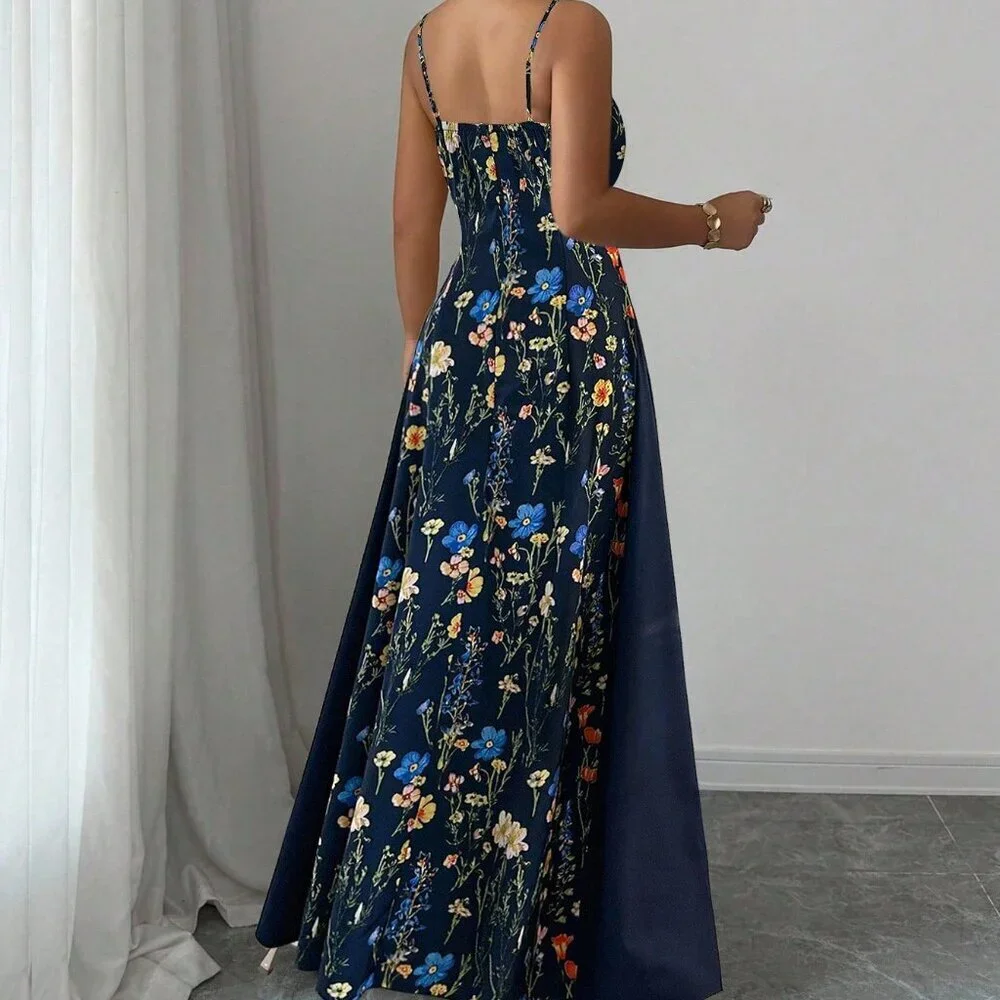 Navy Blue Boho Women's Elegant Sleeveless Long Floral Maxi Dress - Picture 2 of 5